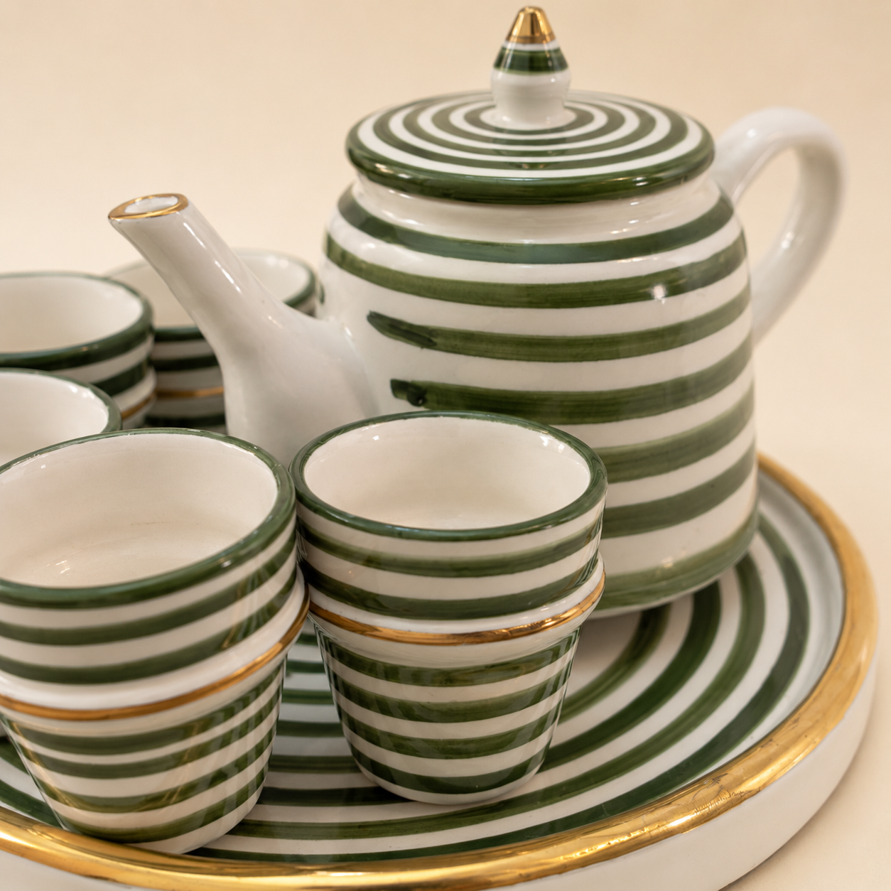 Green Striped Tea Set with Tray – 8 Pieces