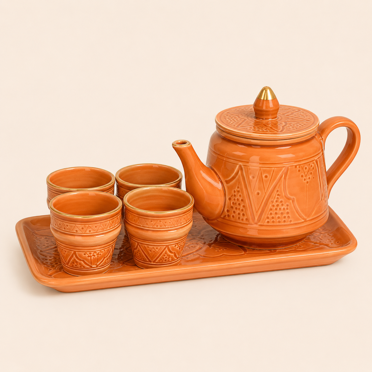 Service à Thé Artisanal Terracotta et Doré de Safi – 6 Pièces