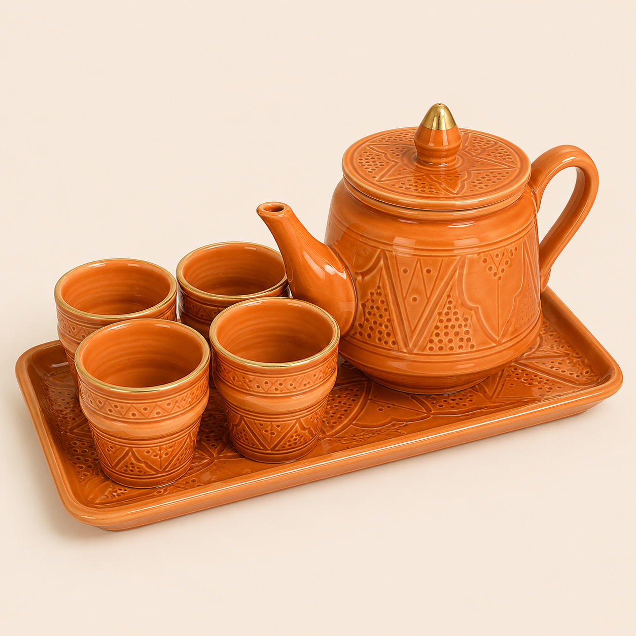 Service à Thé Artisanal Terracotta et Doré de Safi – 6 Pièces