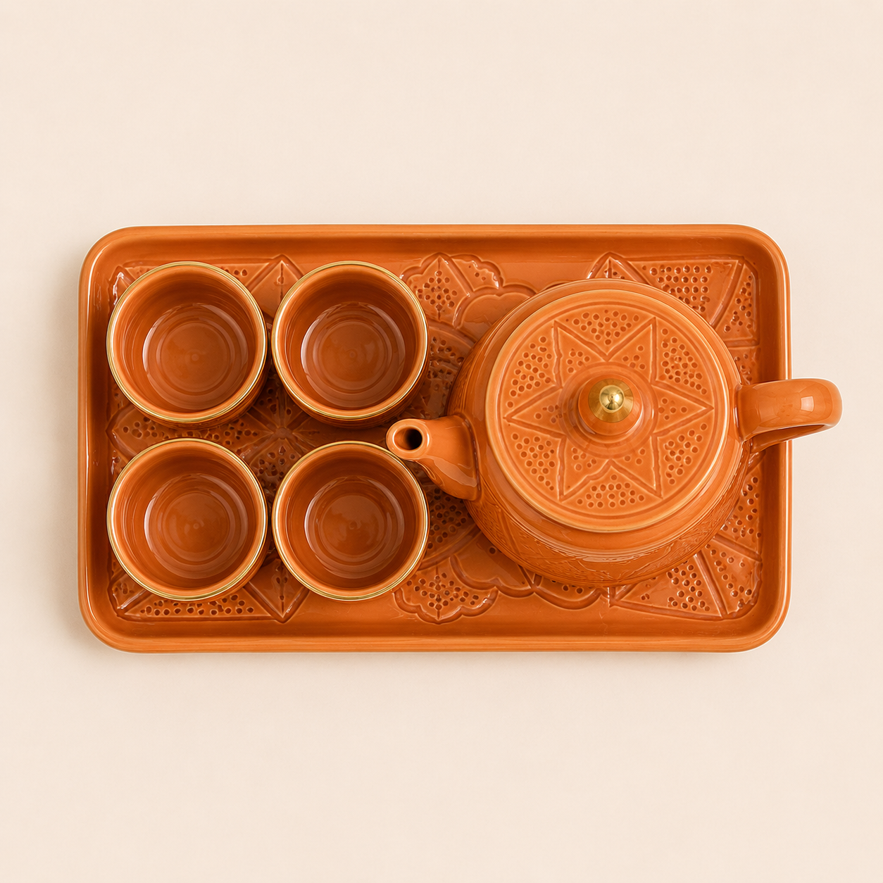 Service à Thé Artisanal Terracotta et Doré de Safi – 6 Pièces