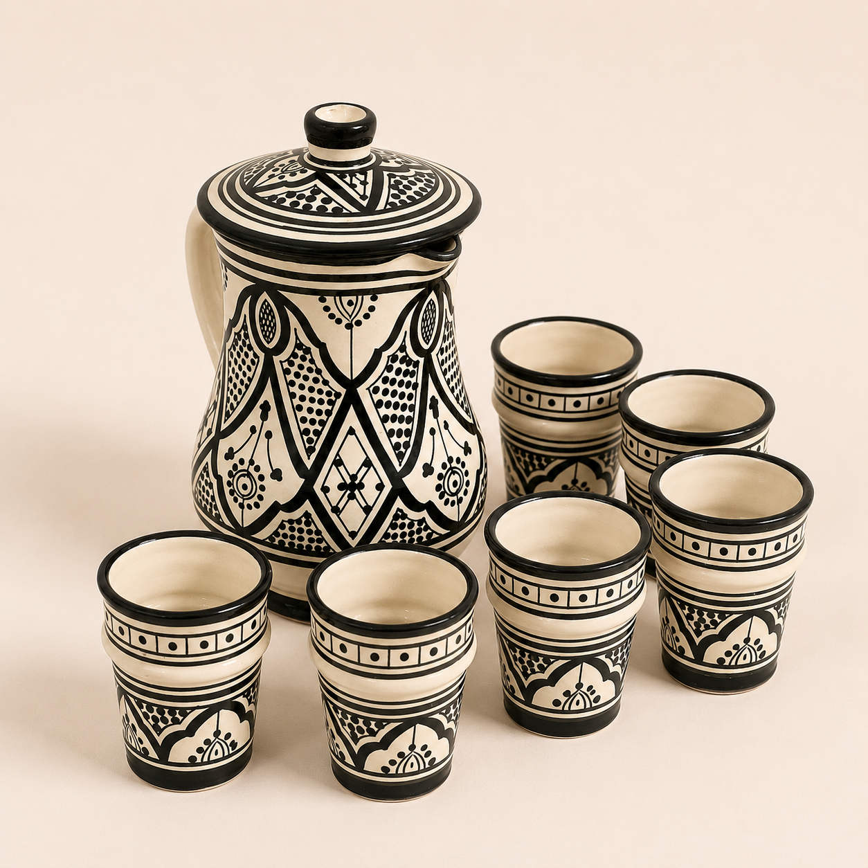 Service de Boissons Motif Berbère Noir en Argile Blanche