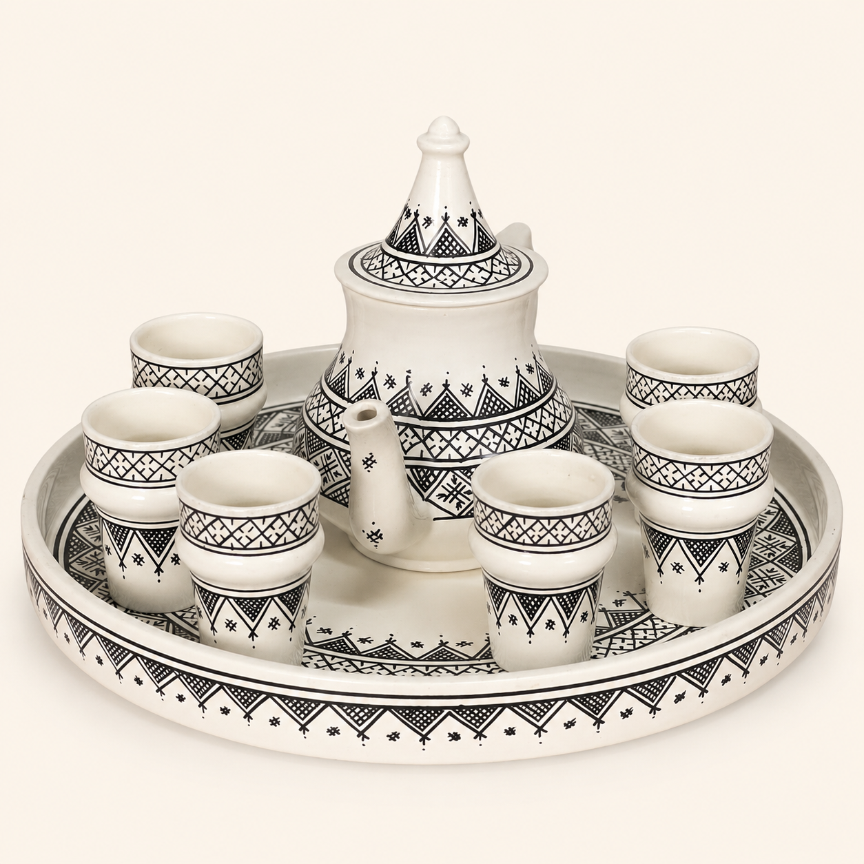 Service à Thé Noir et Blanc Artisanal de Safi – 8 Pièces