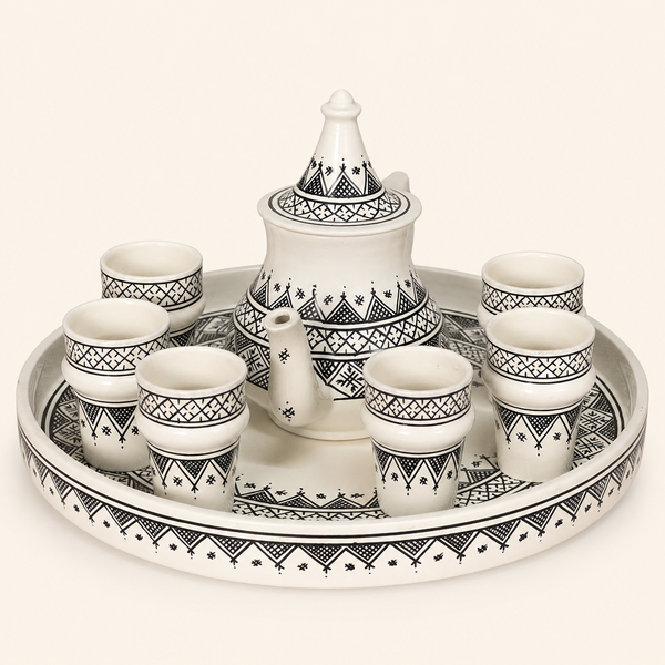 Service à Thé Noir et Blanc Artisanal de Safi – 8 Pièces