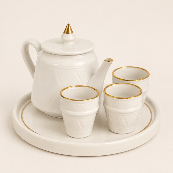 Service à Thé Blanc Perlé Doré Artisanal – 5 Pièces