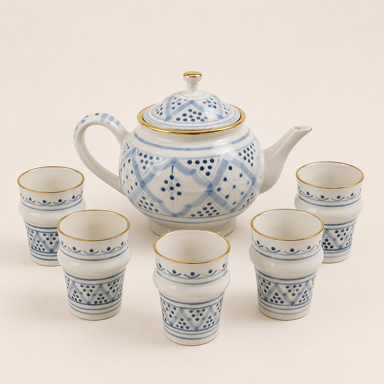Service à Thé Bleu Ciel Doré Artisanal – 7 Pièces