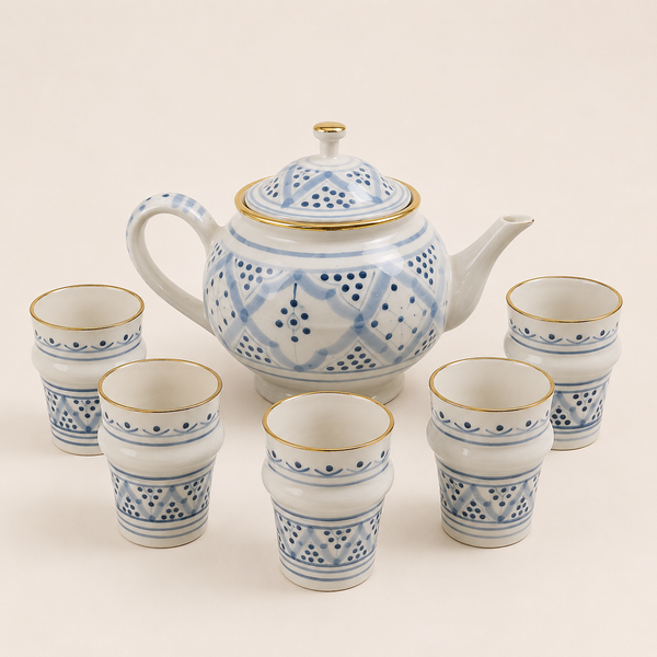 Service à Thé Bleu Ciel Doré Artisanal – 7 Pièces