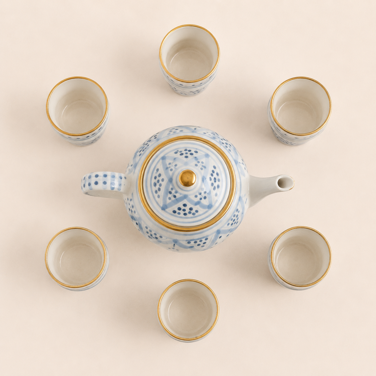 Service à Thé Bleu Ciel Doré Artisanal – 7 Pièces