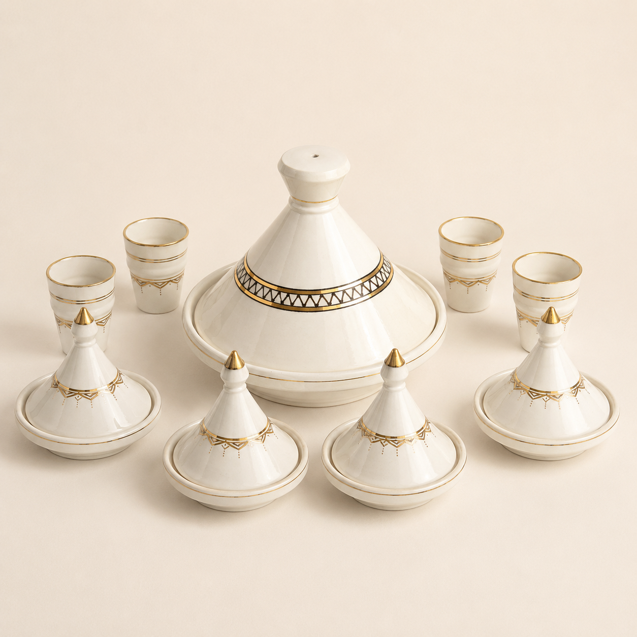 Service Tajines Blanc et Doré Artisanal de Safi – 9 Pièces