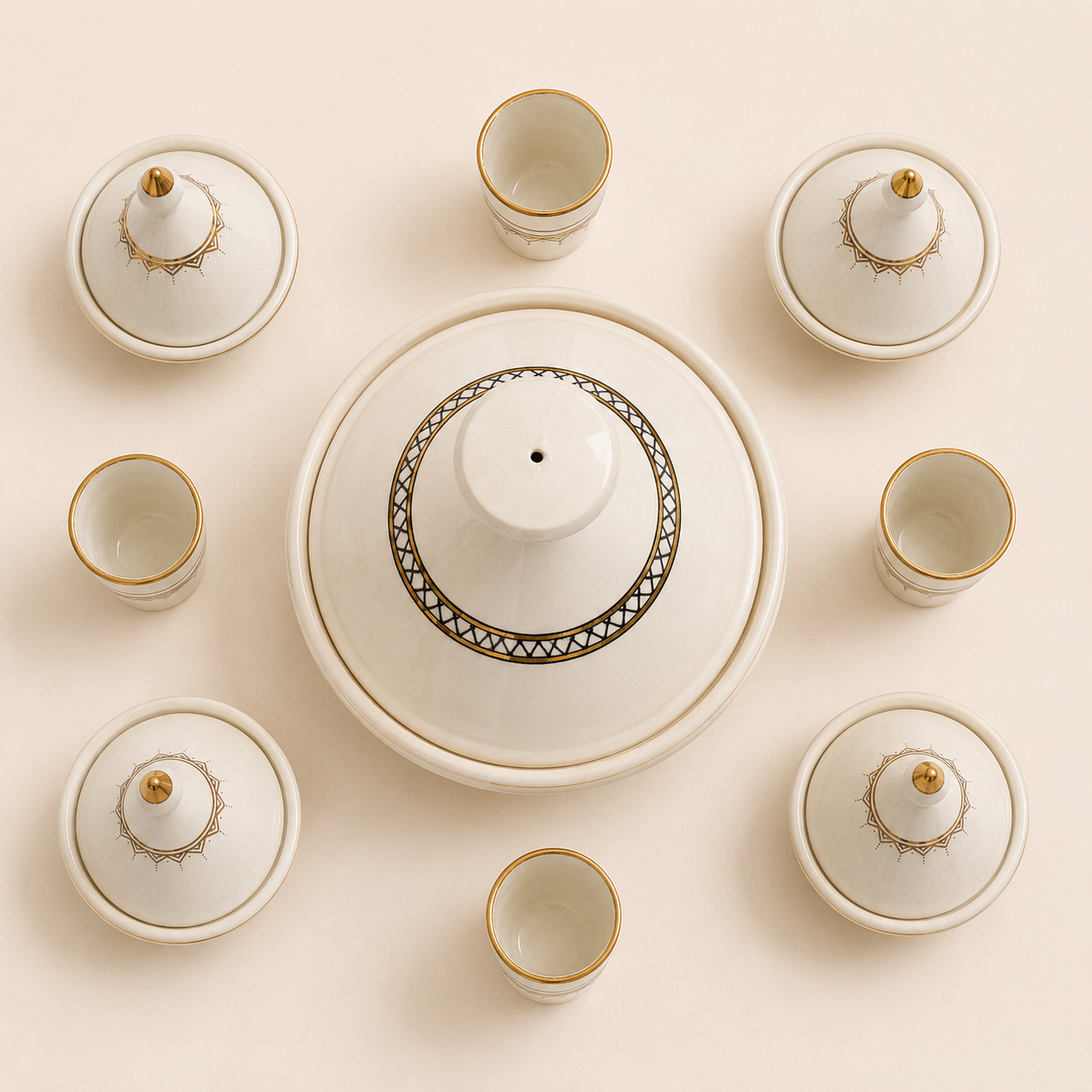 Service Tajines Blanc et Doré Artisanal de Safi – 9 Pièces