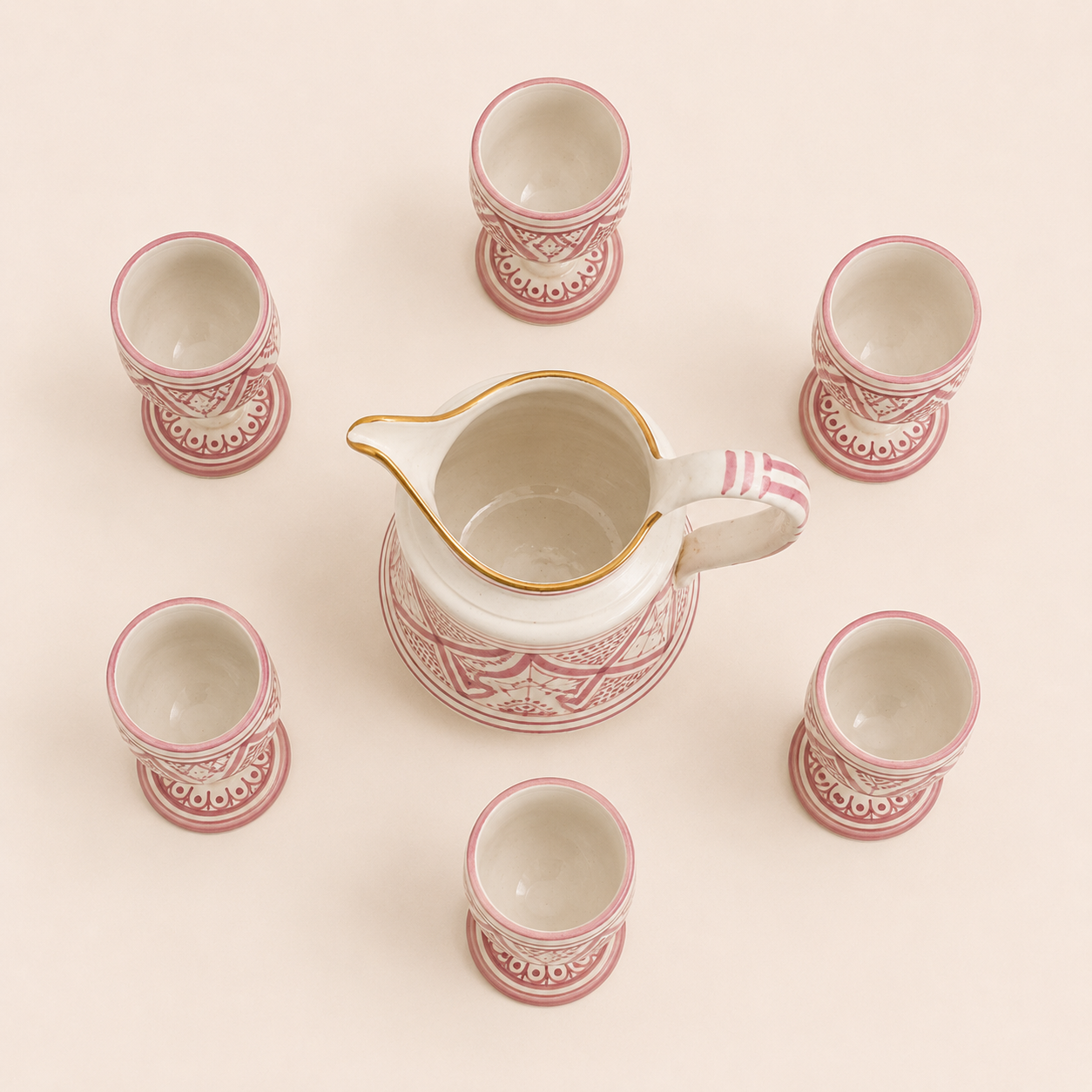 Service de Boissons Motif Berbère Rose en Argile Blanche