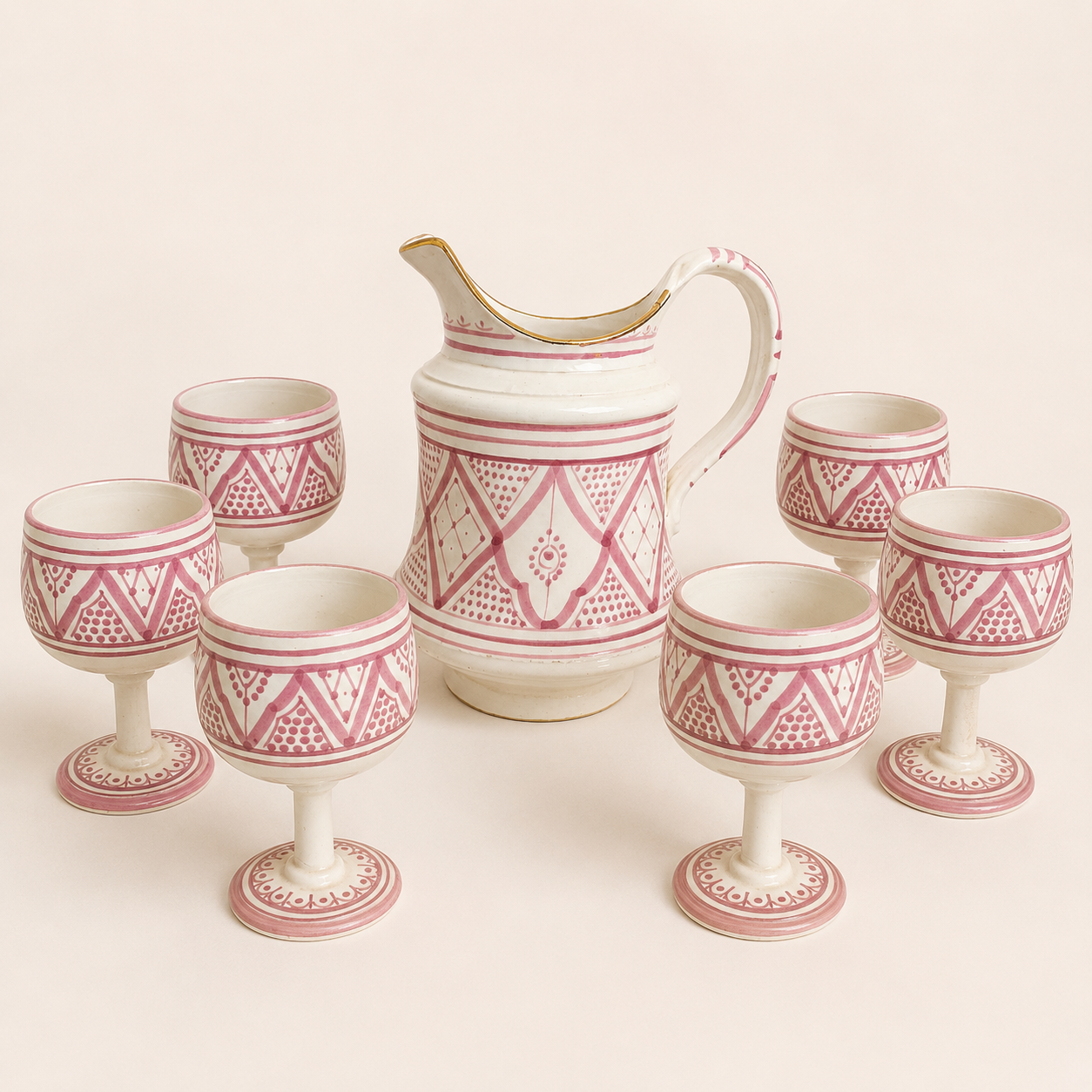 Service de Boissons Motif Berbère Rose en Argile Blanche