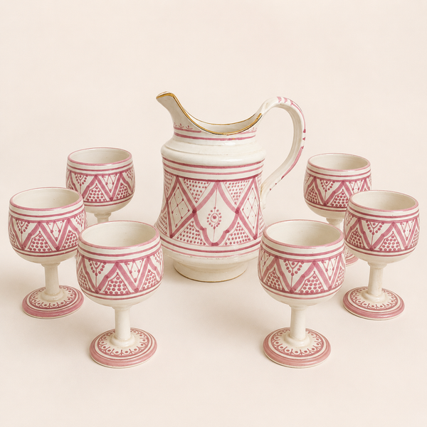 Service de Boissons Motif Berbère Rose en Argile Blanche
