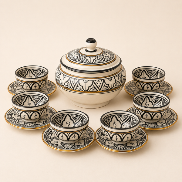 Service à Soupe Marocain Noir & Doré Artisanal en Argile Blanche