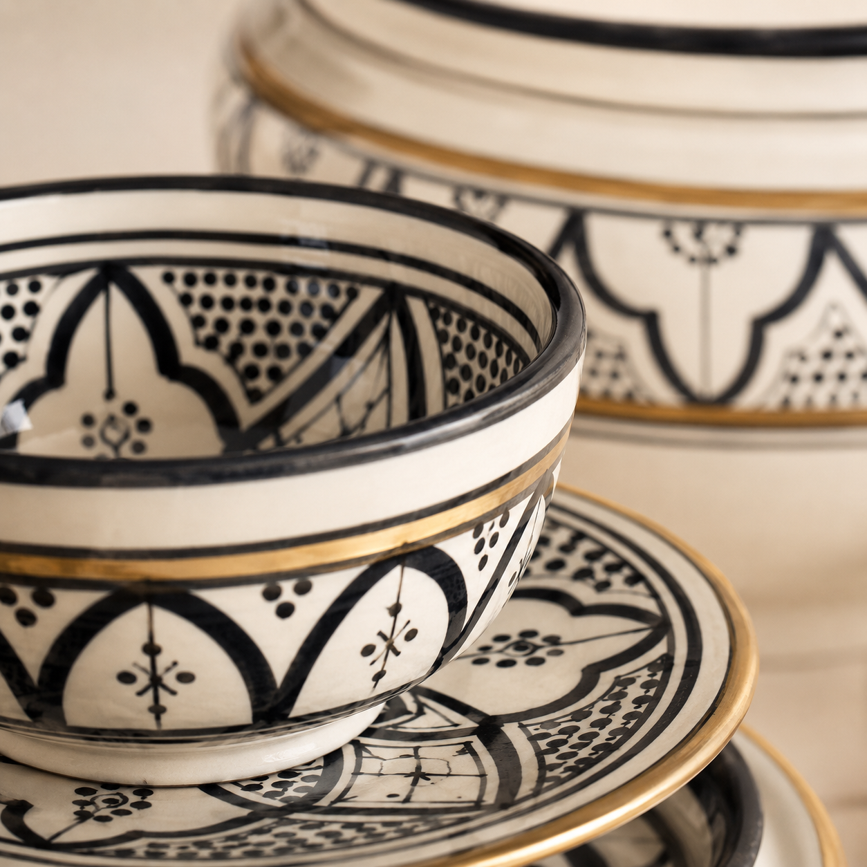 Service à Soupe Marocain Noir & Doré Artisanal en Argile Blanche