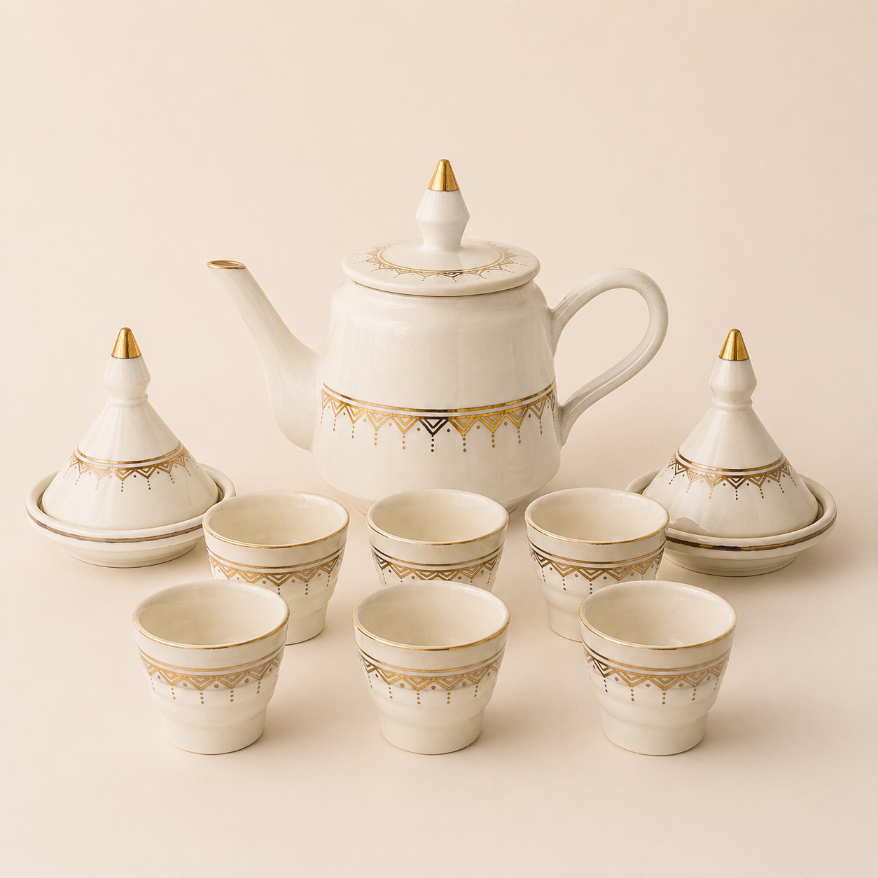 Coffret Théière Dorée Artisanale avec Mini Tagines – 9 Pièces