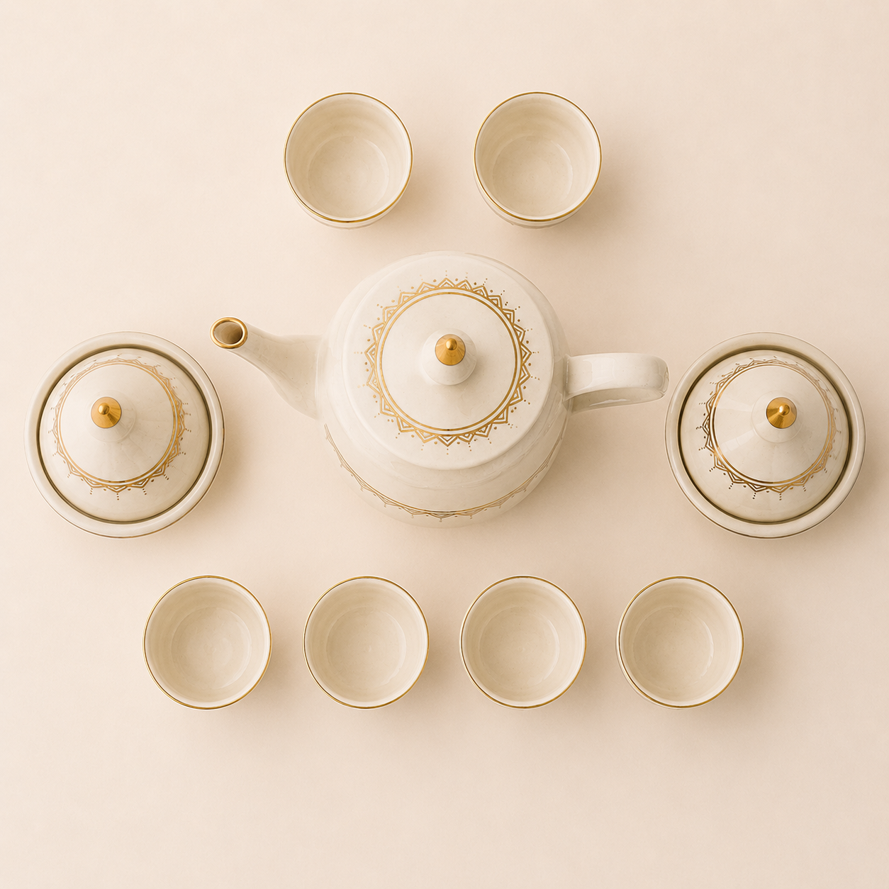 Coffret Théière Dorée Artisanale avec Mini Tagines – 9 Pièces
