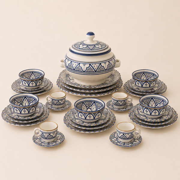 Grand Service à Soupe Artisanal Bleu et Doré de Safi – 36 Pièces