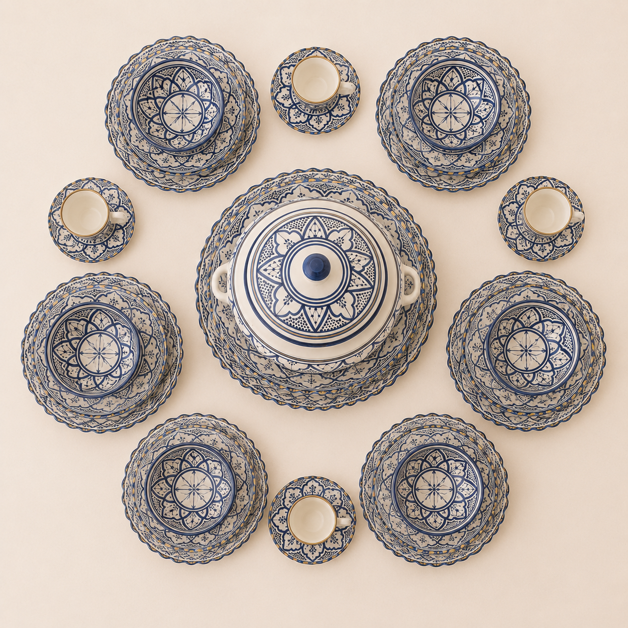 Grand Service à Soupe Artisanal Bleu et Doré de Safi – 36 Pièces