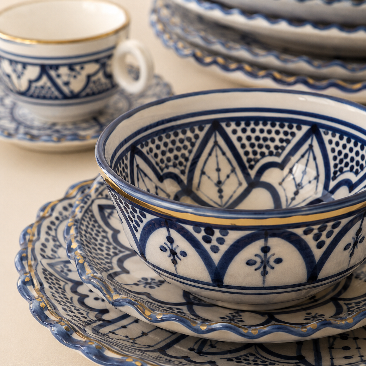Grand Service à Soupe Artisanal Bleu et Doré de Safi – 36 Pièces
