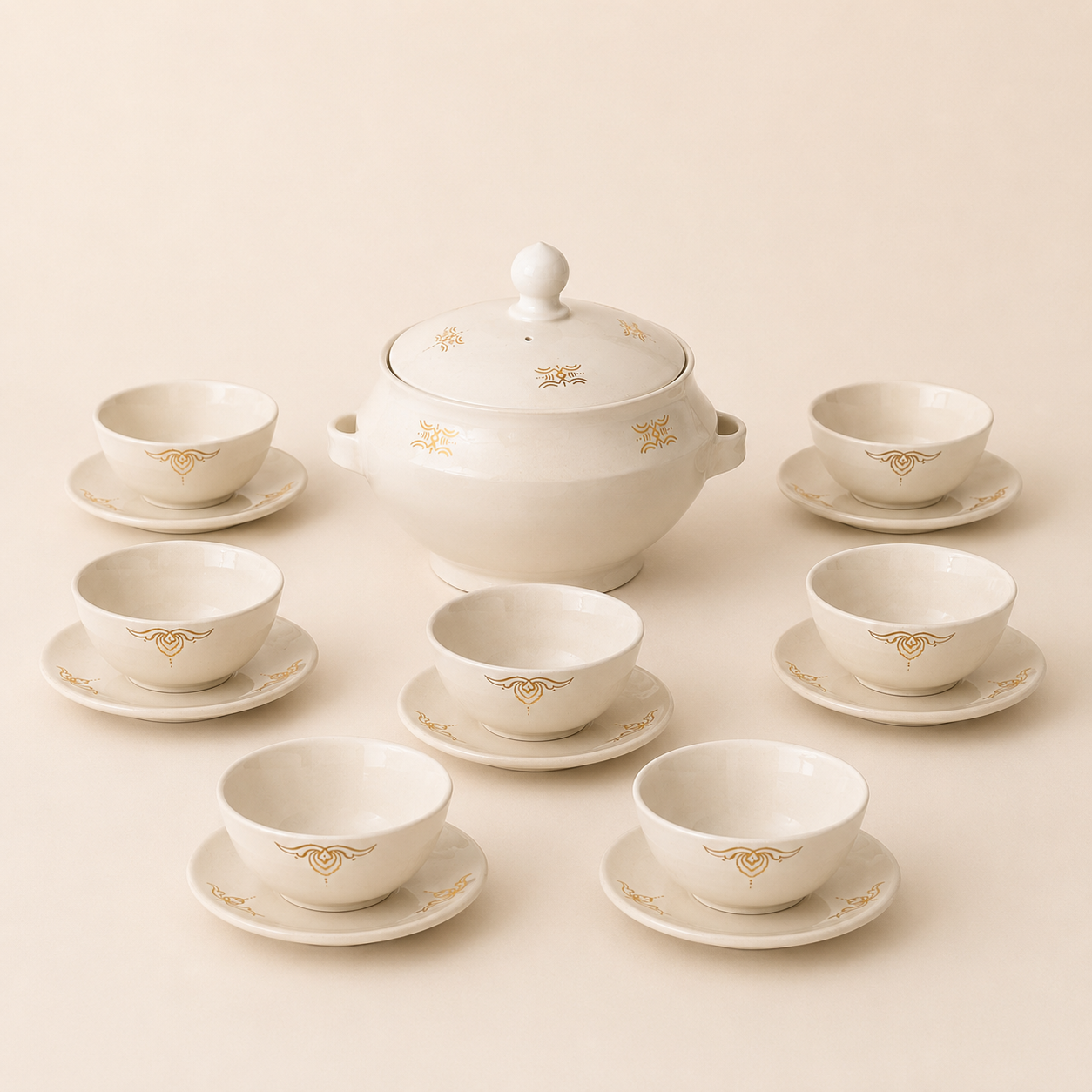 Service à Soupe Blanc et Doré Artisanal de Safi – 13 Pièces