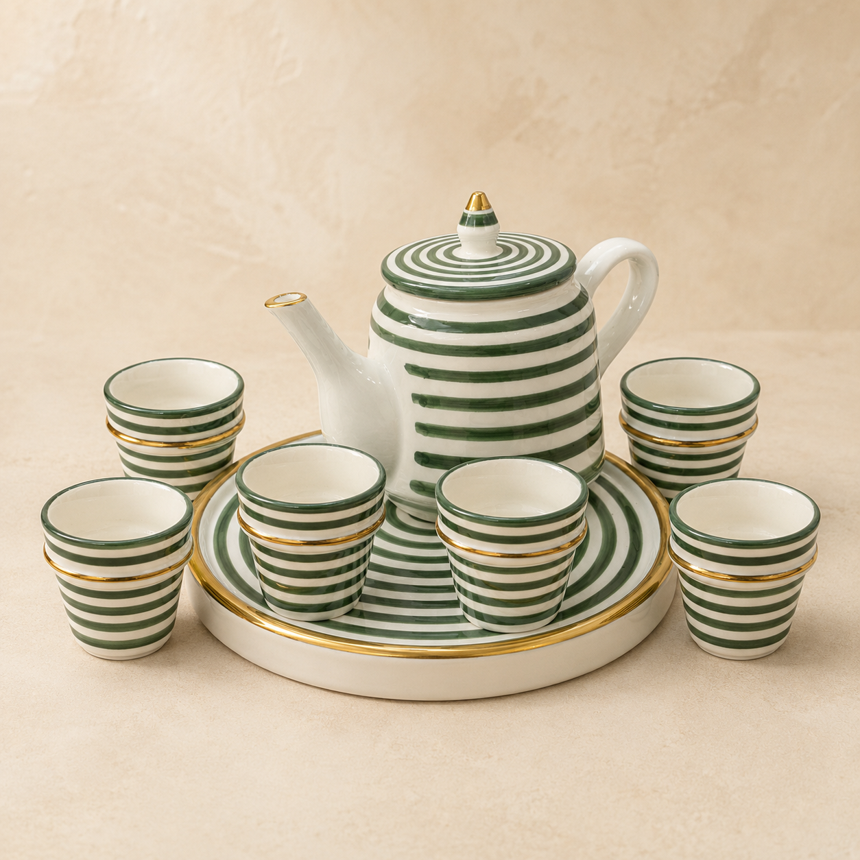 Green Striped Tea Set with Tray – 8 Pieces