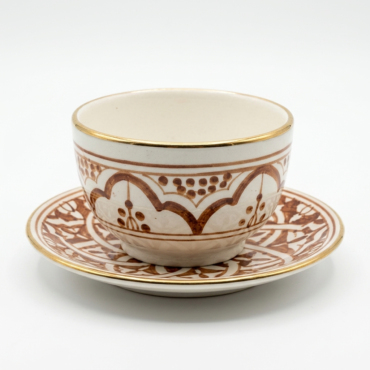 Tasse & Soucoupe en Céramique Artisanale Décor Zwak Brun Terre & Liseré Doré