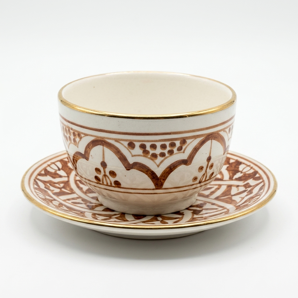 Tasse & Soucoupe en Céramique Artisanale Décor Zwak Brun Terre & Liseré Doré