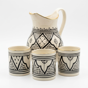 Set Carafe & 3 Verres Beldi en Céramique Décor Zwak Noir & Or