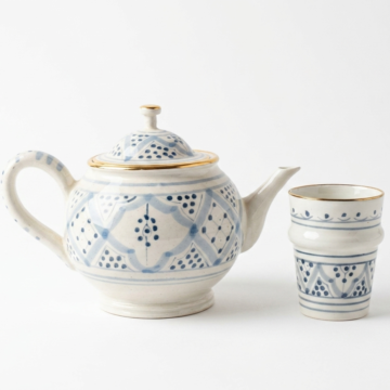 Set Théière & Verre Beldi en Céramique Décor Bleu Indigo & Liseré Doré