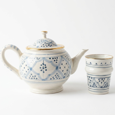 Set Théière & Verre Beldi en Céramique Décor Bleu Indigo & Liseré Doré